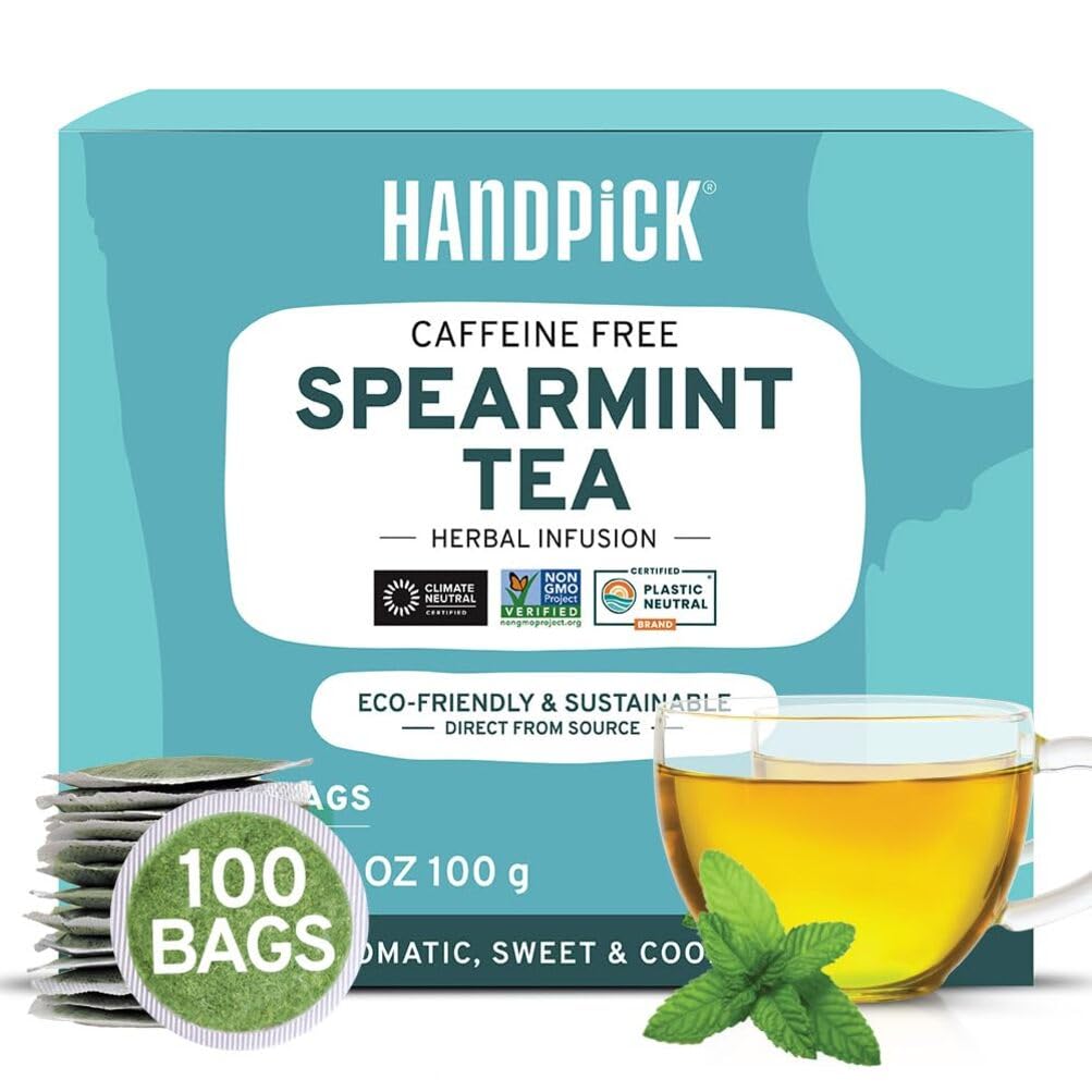 HANDPICK, Spearmint Tea Bags (100 Herbal Tea Bags) |Refreshing Mint Tea | Non-GMO | Round Eco-Conscious Teabags
