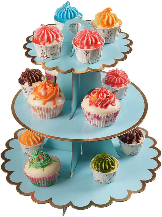 3-Tier Cupcake Stand, Light Blue, 12"W x 12.8"H, Cardboard