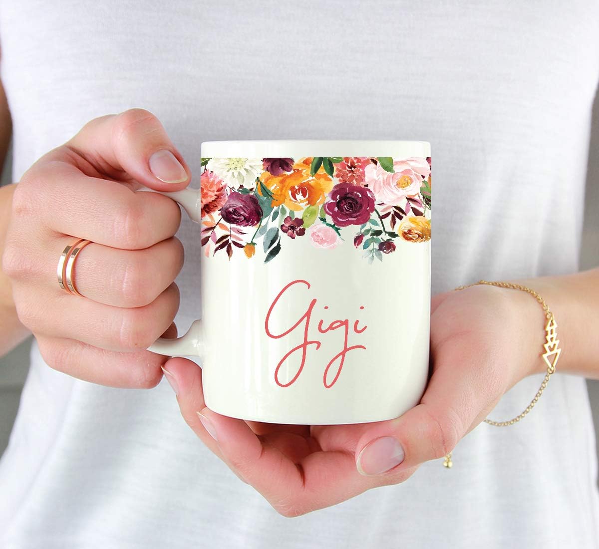 Andaz Press 11oz. Mother's Day Ceramic Coffee Tea Mug Gift, Fall Autumn Burgundy Orange Peach Flowers Roses Florals, Gigi, 1-Pack, Includes Gift Box, Birthday Christmas Gift Ideas