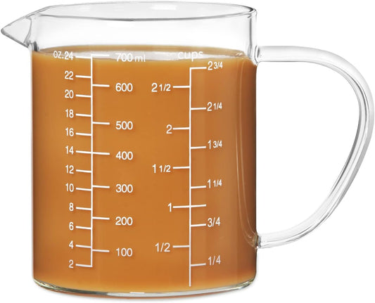 77L Glass Measuring Cup, Clear Liquid Measuring Cup with V-Shaped Spout and Three Scales, High Borosilicate Glass Beaker with Handle for Kitchen or Restaurant, 700 ML (0.7 Liter, 2 3/4 Cup)