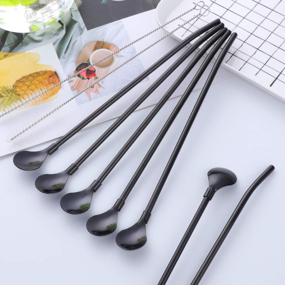 Straws, 8-Piece 8.5inch Black 18/8(304) Stainless Steel Reusable Straws + 2 Brushes