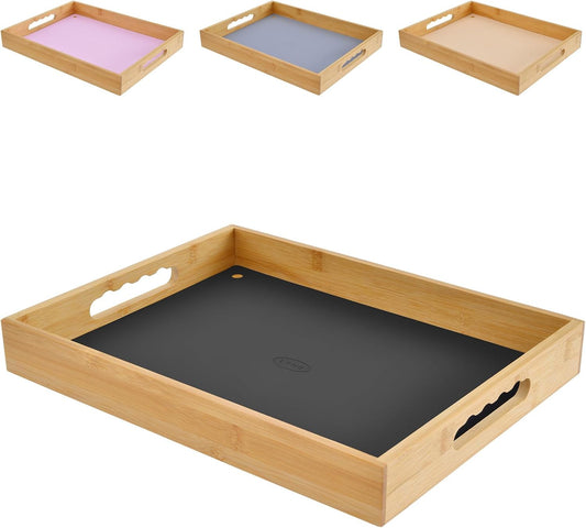 Bamboo Serving Tray, Breakfast in Bed Tray with Removable Silicone Mat, for Pantry Living Room Bathroom Tea Bar