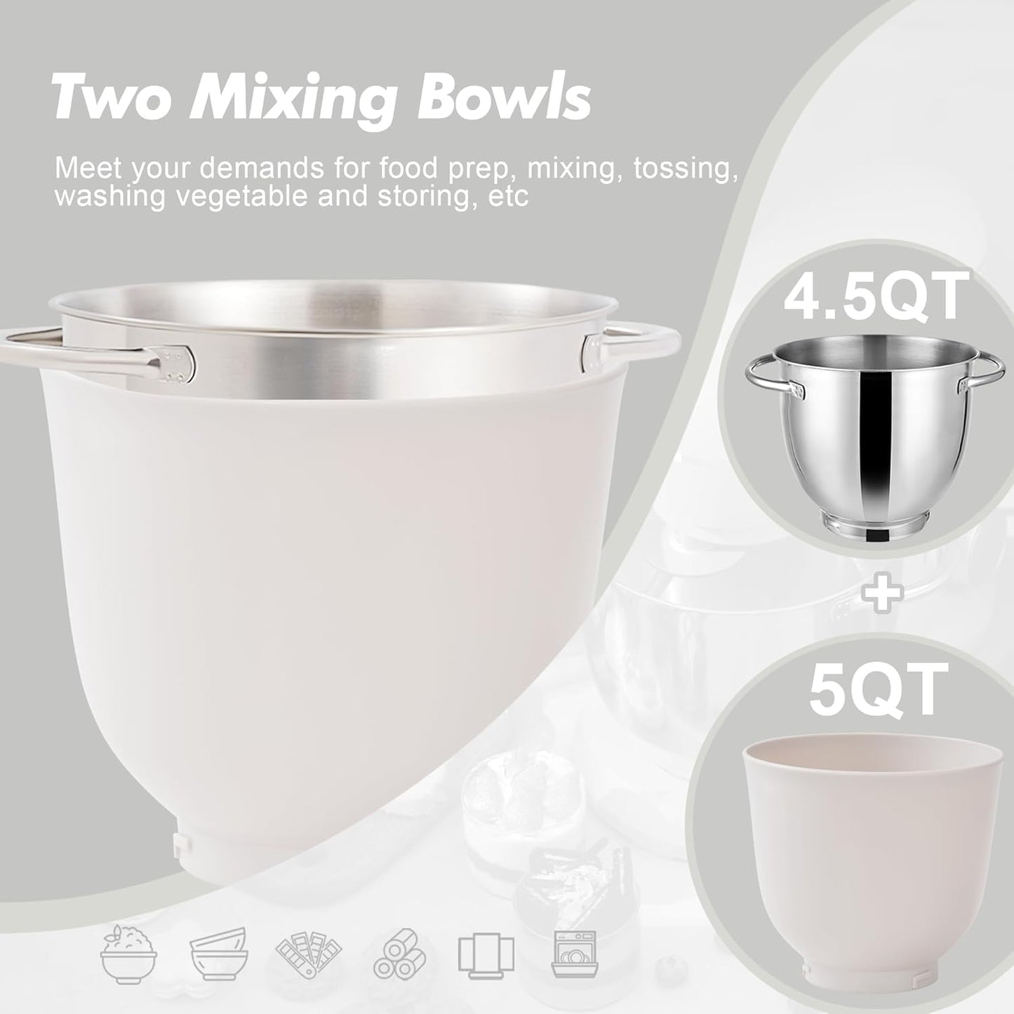 Kitchen in the box Stand Mixer, 5QT+4.5QT Two bowls Electric Food Mixer, 10 Speeds 3-IN-1 Kitchen Mixer for Daily Use with Egg Whisk,Dough Hook,Flat Beater (Frost White, 5QT)