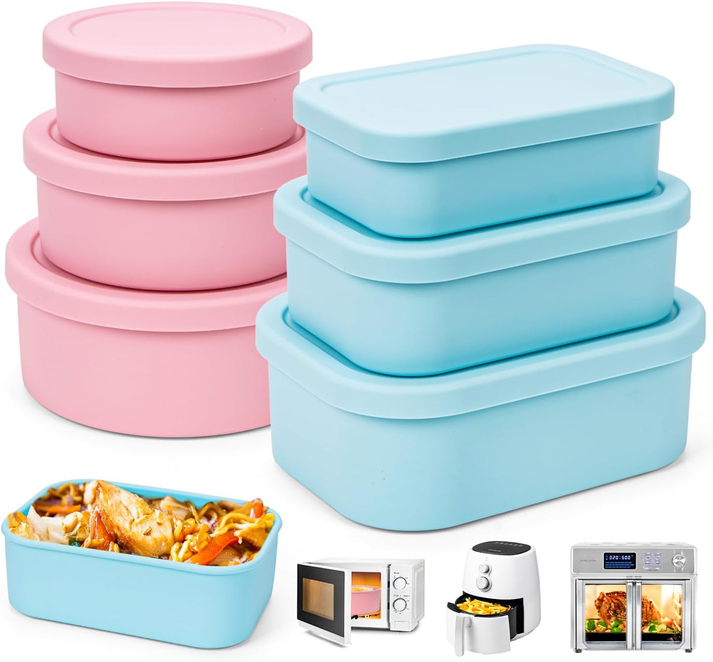 Nesting 100% Silicone Food Storage Containers with Lid & Measuring Line, 6 Pack, Leakproof Stackable Silicone Containers for Food Lunch Snack, Microwave Freezer Dishwasher Safe, Light Blue/Pink