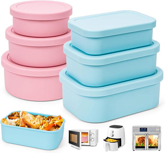 Nesting 100% Silicone Food Storage Containers with Lid & Measuring Line, 6 Pack, Leakproof Stackable Silicone Containers for Food Lunch Snack, Microwave Freezer Dishwasher Safe, Light Blue/Pink
