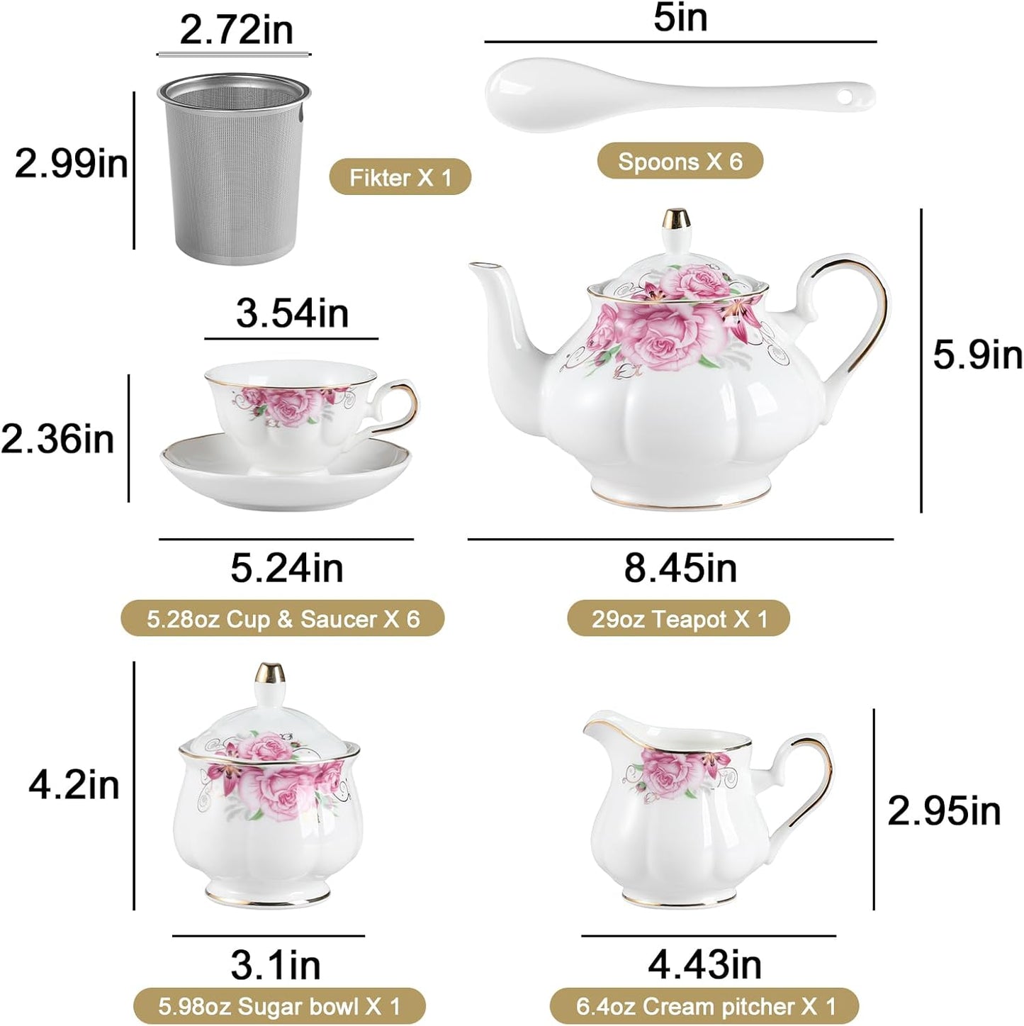 Sweejar Porcelain Tea Sets, Vintage British Floral Relief Gold Rimmed Teapot Cup and Saucer Set, Tea Set Service for 6, with Teapot, Sugar Bowl, Milk Jug, Spoons, Tea Cup and Saucer (Small Flower)