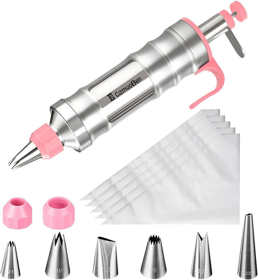 Dessert Decorating Syringe Set, Frosting Piping Kit icing piping kit Food Grade Stainless Steels (6 pro piping tips shooters 50 disposable piping bags) For Baking, Decorating Cupcake, Deviled Eggs