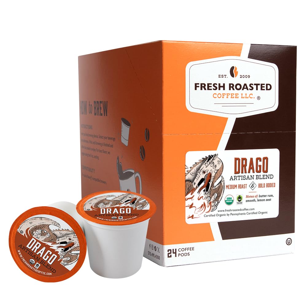 Fresh Roasted Coffee, Organic Drago Café Blend | USDA Organic, Kosher | Medium Roast 24 Pods for K Cup Brewers