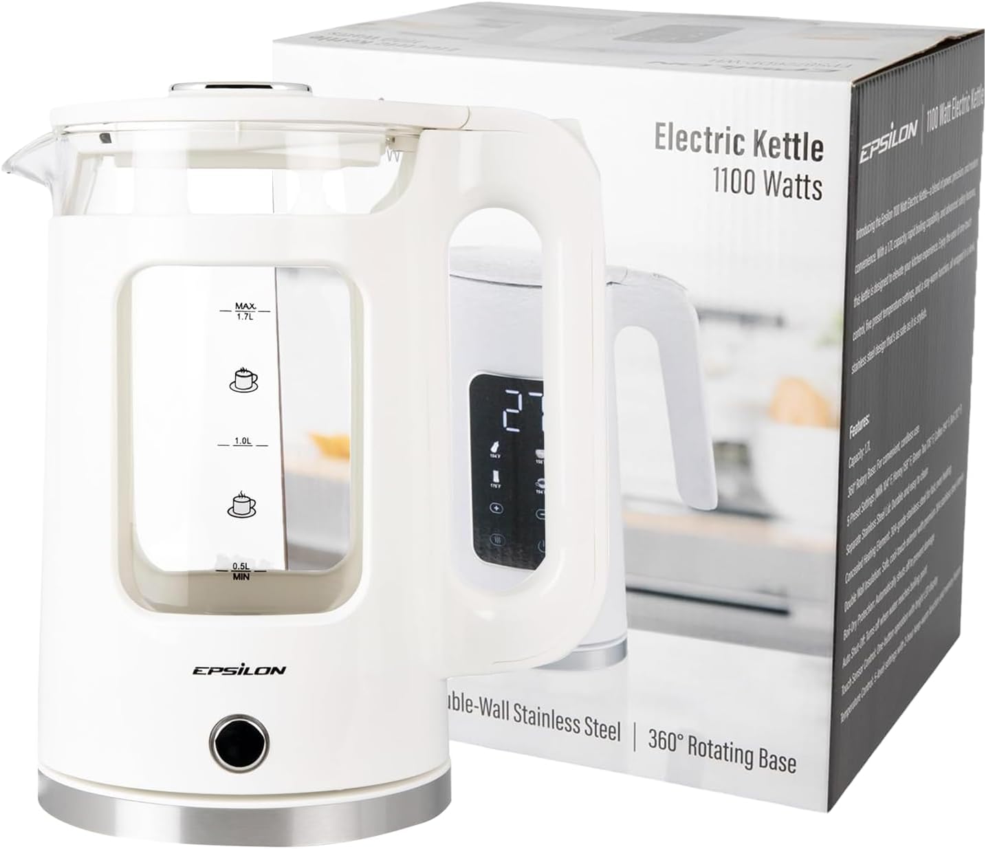 Epsilon 1.7L Glass Electric Kettle – Hot Water Tea Kettle with LED Light, Stainless Steel & Borosilicate Glass, Auto Shut-Off, BPA-Free Electric Teapot, 1500W Fast Boil, Cool Touch
