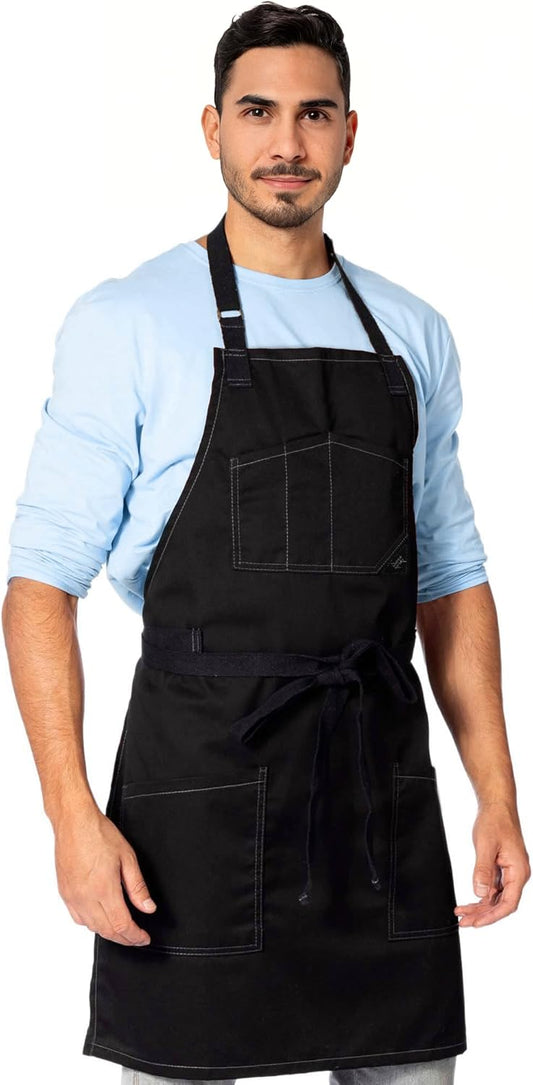 Under NY Sky Chef Apron – Professional Black Twill – Cotton Straps - Smart Pockets - Adjustable for Men and Women – Pro Chef, Cook, Kitchen, Baker, Barista, Bartender, Server Aprons