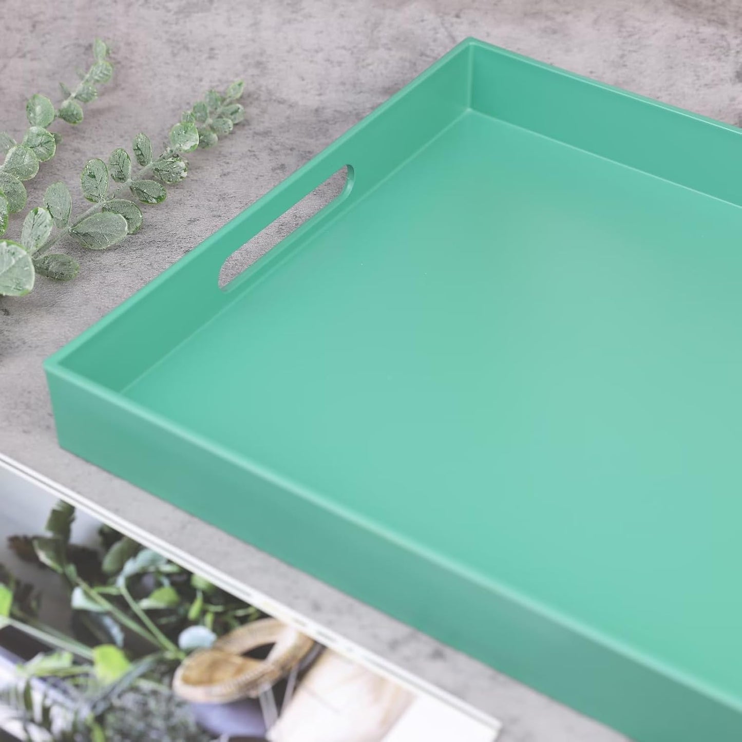 Green Serving Tray for Coffee Table, Rectangular Plastic Decorative Tray with Handles for Entertaining, Outdoor Patio, Living Room, Ottoman, Bathroom Counter, 11.8”*15.7”*1.6”