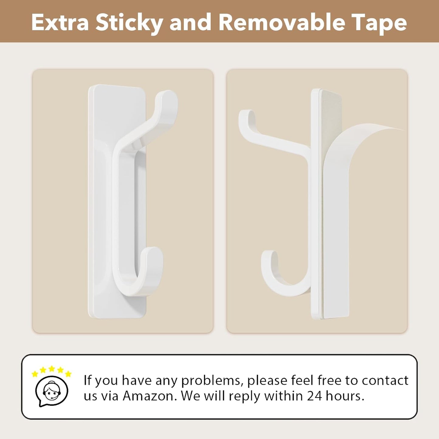 Wall Hooks for Coat and Towel: 13LB Adhesive Door Hanger Stick on, White 6 Pack