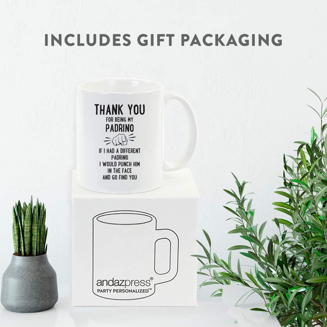 Andaz Press Funny Family 11oz. Coffee Mug Gift, Thank You for Being My Padrino, Punch in Face, 1-Pack, Christmas Birthday Drinking Cup Present Ideas