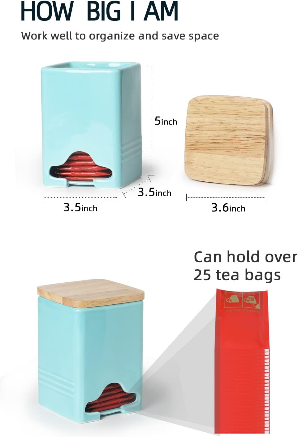 Ceramic Tea Bag Storage Organizer Caddy Holder with Lid (Turquoise)