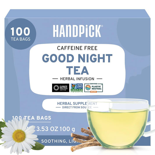 HANDPICK, Good Night Tea Bags (100 Count) Night Time Herbal Tea | Caffeine Free | Floral Blend - Lavender, Chamomile, Peppermint | Natural Tea, Perfect for Bedtime