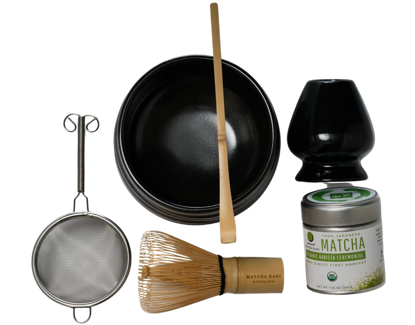 Matcha Kari Dr. Weil Complete Tea Set - Black - Japanese Ceremonial Organic Matcha with Whisk and Holder, Ceramic Bowl, Sifter, and Scoop