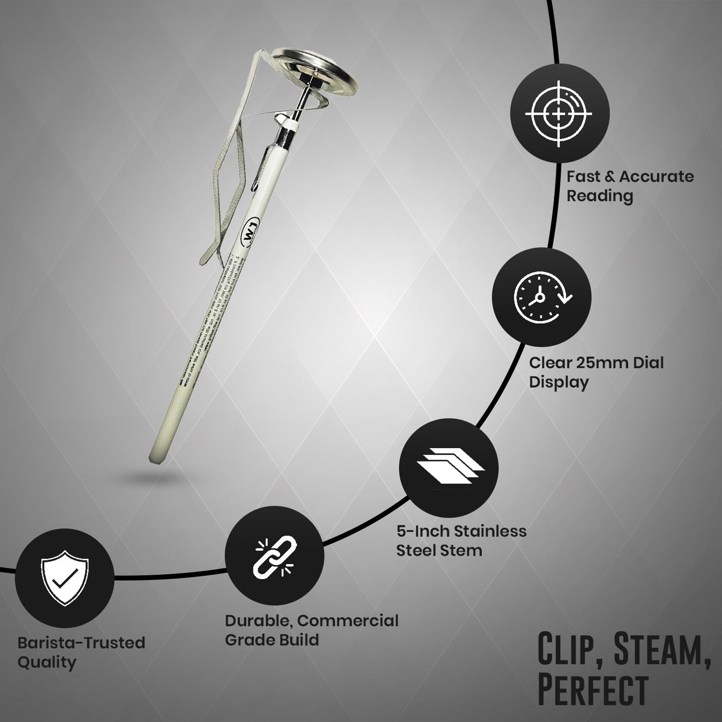 Rattleware 7” Easy Steam Thermometer for Home, Cafe, Restaurants, Residential, or Commercial Use - Milk Frothing and Barista Thermometer - Durable Fast Reading (45mm Dial)