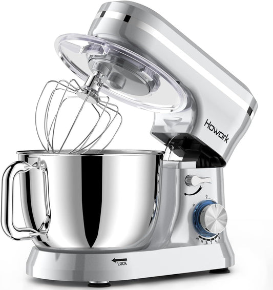 HOWORK Electric Stand Mixer,10+p Speeds With 6.5QT Stainless Steel Bowl,Dough Hook, Wire Whip & Beater,for Most Home Cooks,Silver