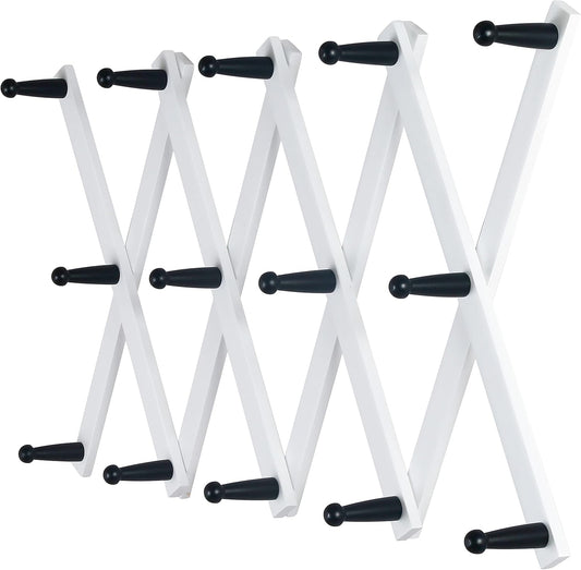 Dseap Accordian Wall Hanger: 16” High Wooden Wall Expandable Coat Rack, Hat Rack Holder, Accordion Hook for Baseball Caps, Coats, Mugs, 14 Peg Hooks, White & Black