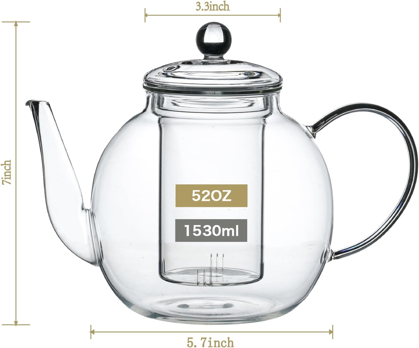 1530 ml/52 oz Large Glass Teapot with Removable Infuser, Clear Tea Kettle Stovetop Safe for Loose Leaf and Blooming Tea, Tea Lover's Choice