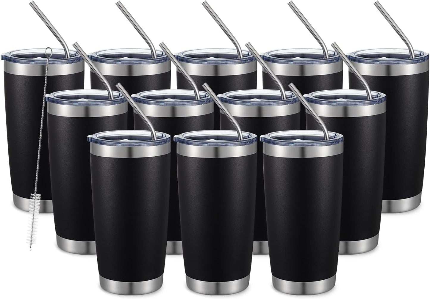 COMOOO 20oz Double Wall Vacuum Insulated Travel Mug, Stainless Steel Tumbler with Lid and Straw Durable Powder Coated Insulated Coffee Cup for Cold & Hot Drinks (Black, 12 pack