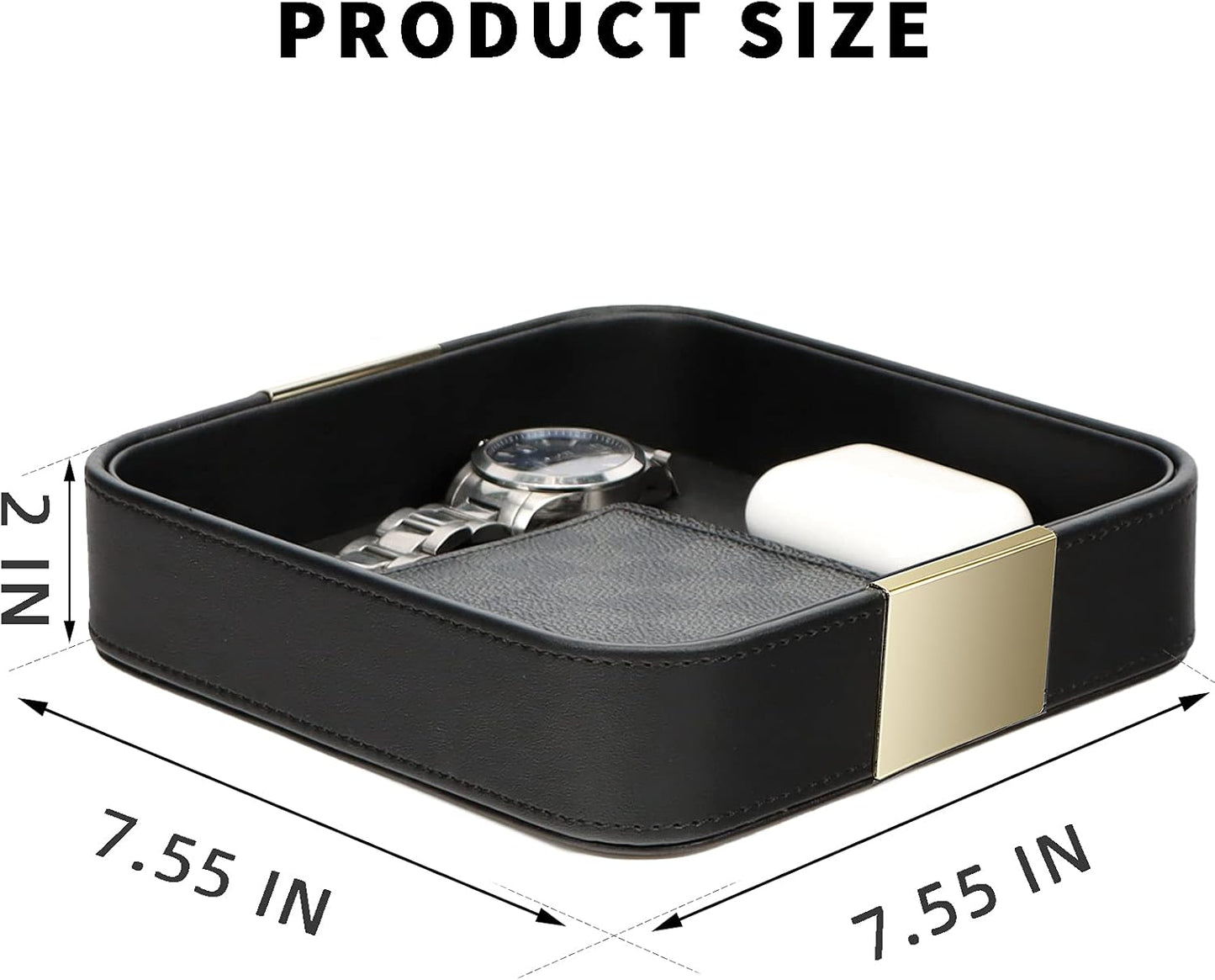 SANZIE Luxury Leather Desktop Storage Small Catchall Organizer Decorative Tray for Entryway Table to Hold Jewelry Watch Cosmetics Keys Phone Wallet, Home & Office Accessories (Metal Glided, Black)