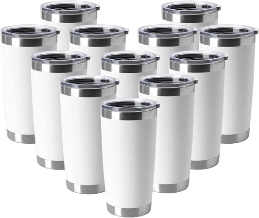 HASLE OUTFITTERS 20oz Tumblers Stainless Steel Mugs with Lid Double Wall Vacuum Insulated Coffee Cups for Cold & Hot Drinks (20oz-White, 12 Pack)