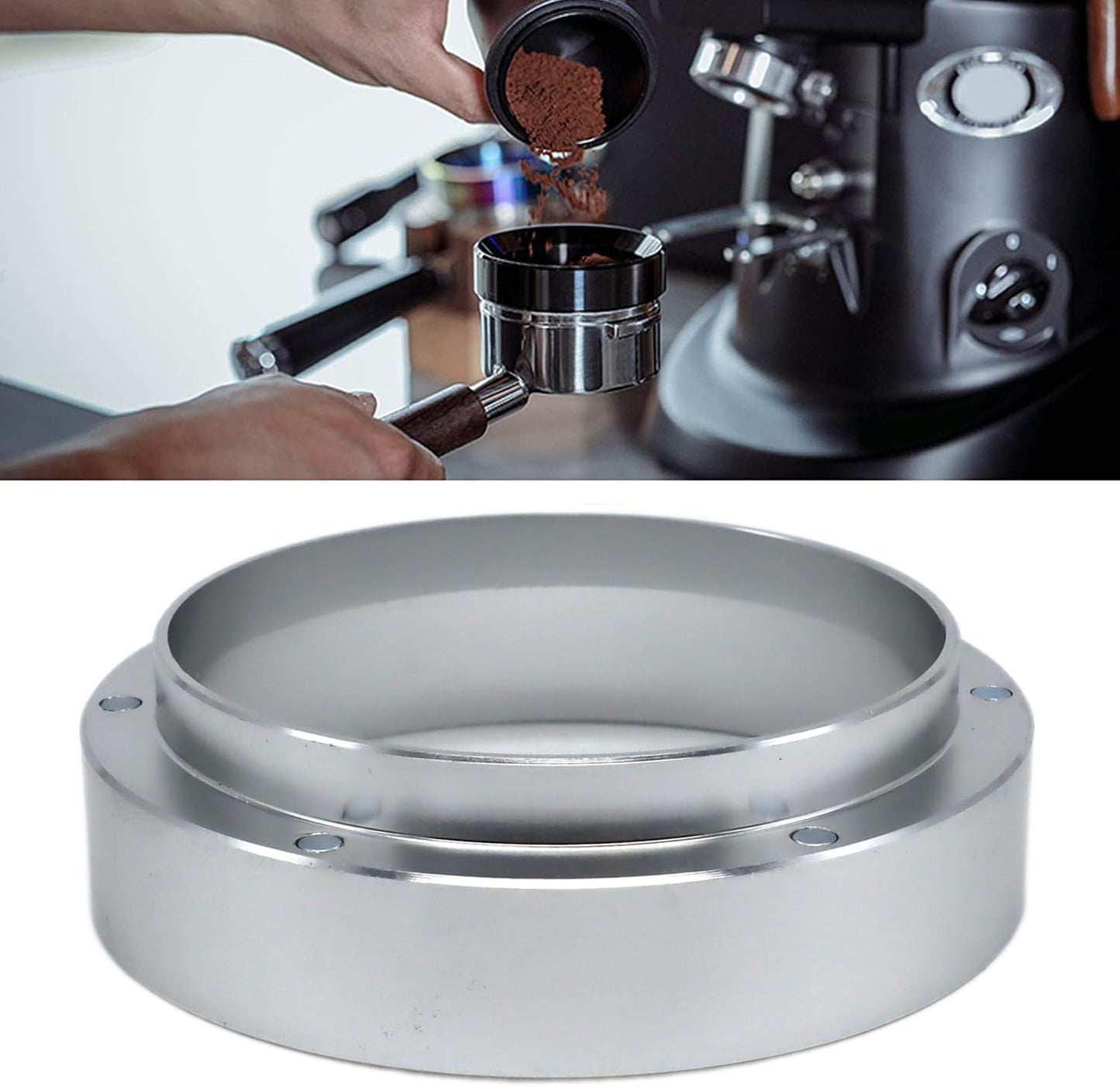 1pc Espresso Dosing Funnel 51/53/58mm Coffee Dosing Ring Aluminum Espresso Distribution Coffee Tool for Home Coffee Bar Shop College Dorm Room Apartment Essential Coffee Accessories (53mm, Silvery)