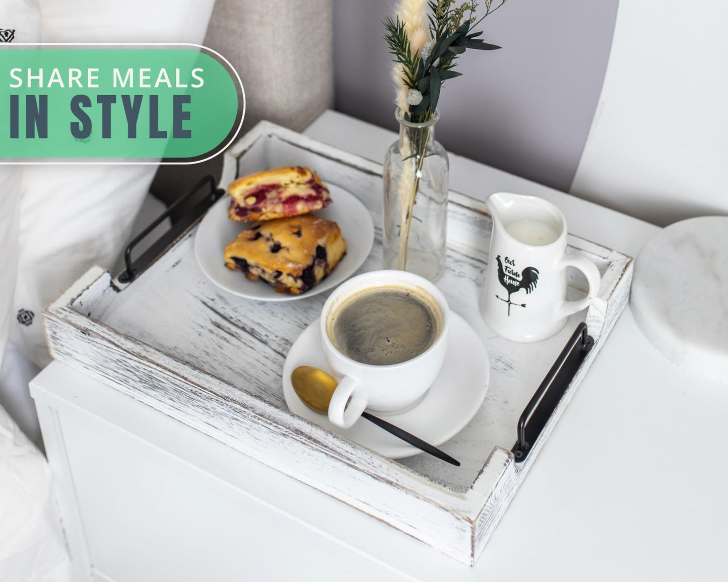 Rustic Wooden Serving Trays with Handle - Set of 2 - Large and Small Nesting Multipurpose Trays - for Breakfast, Coffee Table/Butler & More - Rustic White