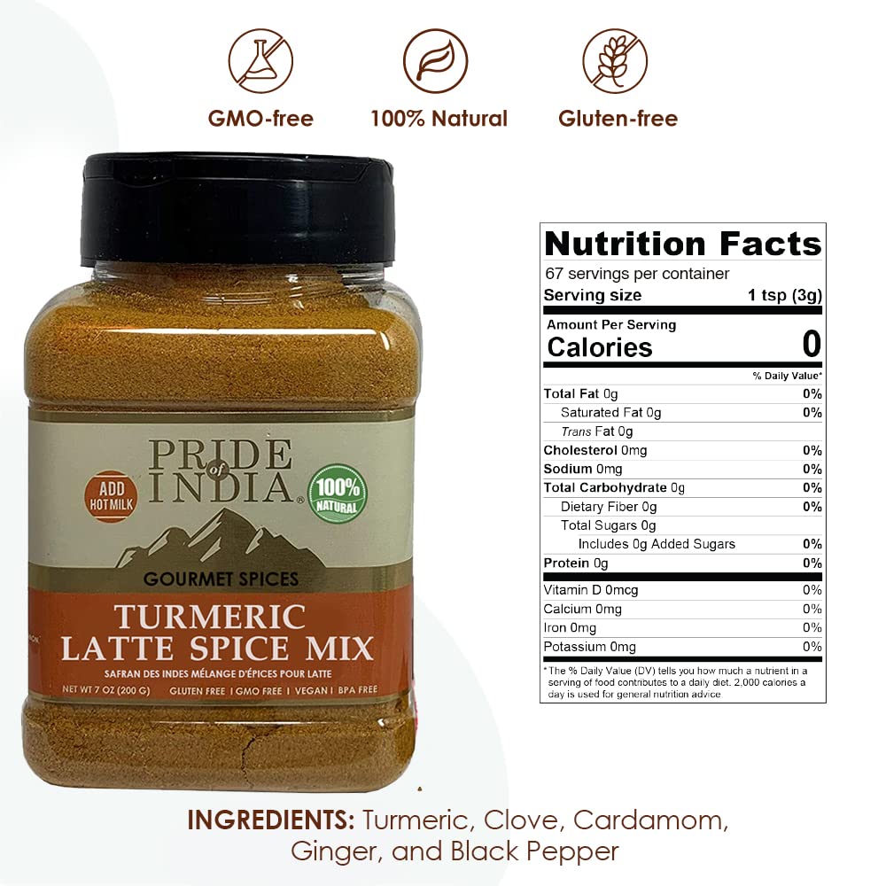 Pride of India - PACK of 6 - Turmeric Latte Spice Mix – Gourmet & Warm Tea Spice Blend – Healthy/Gluten-Free – Ideal for Lattes/Smoothies/Golden Milk – Easy to Store – 7 oz. Medium Dual Sifter Jar