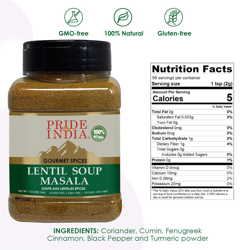 Pride of India - Lentil Soup Masala – Authentic Indian Taste – Spice Blend for Lentil Soups and Stews – Flavorful Mix – Easy to Use – 7 oz. Medium Dual Sifter Bottle- Ideal for Vegans & Vegetarians