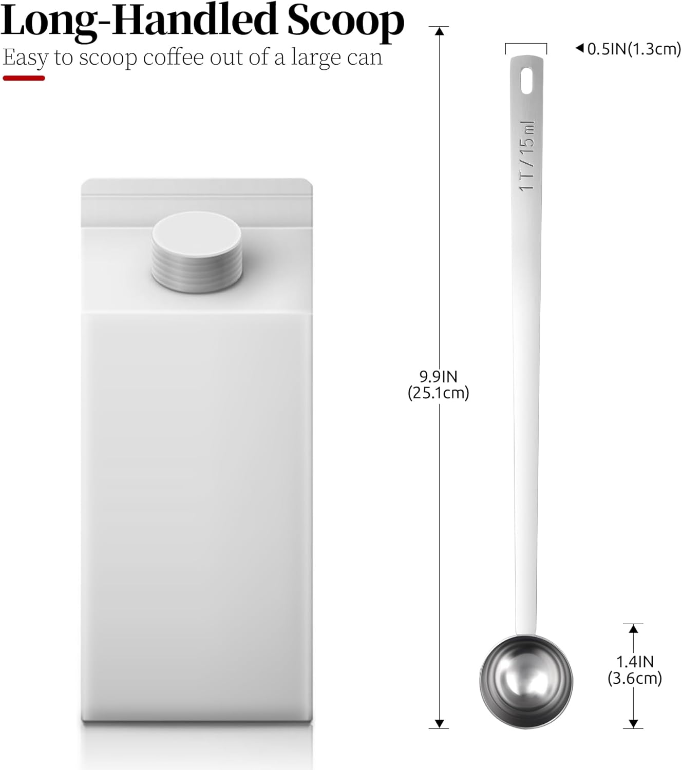 Long Handle Coffee Scoop, 18/8 Stainless Steel Food Grade Measuring Spoon for Coffee Beans Powders Sugar, 9.9in Long Metal Scoop Tablespoon for Easy Container Reach (1tbsp/ 15ml)