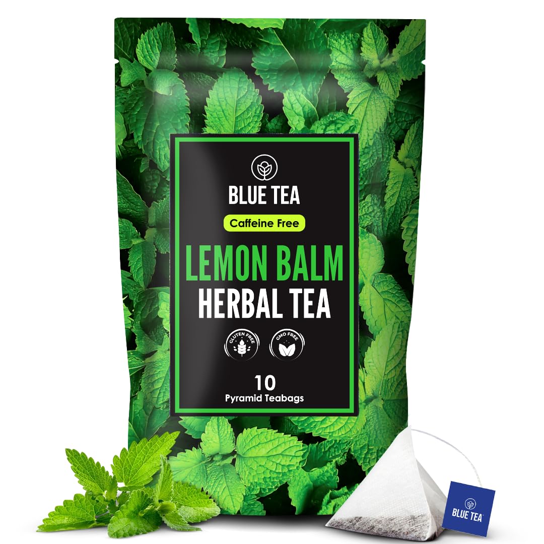 BLUE TEA - Lemon Balm Tea - 10 Count - Plant Based Tea Bag | RELIEVES STRESS - IMPROVES DIGESTION | Reduces Bloating | Refreshing Citrus Flavour - Leaf Based - Caffeine Free | Ziplock Pouch