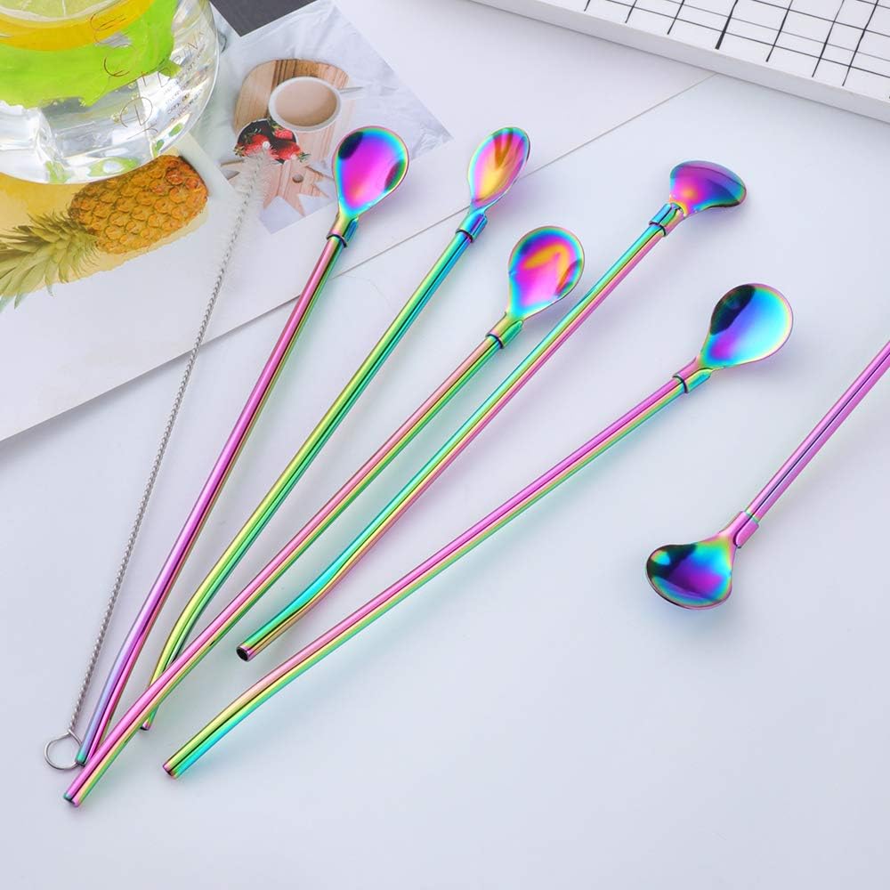 Straw Spoon, 8PCS 8.5inch Rainbow 18/8(304) Stainless Steel Metal Straws Reusable + 2 Brushes