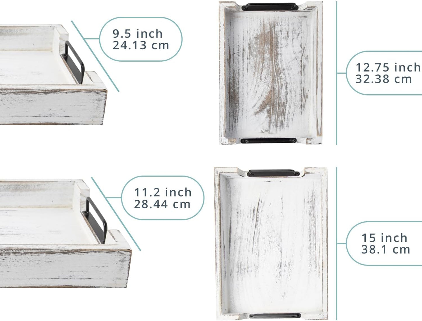 Rustic Wooden Serving Trays with Handle - Set of 2 - Large and Small Nesting Multipurpose Trays - for Breakfast, Coffee Table/Butler & More - Rustic White