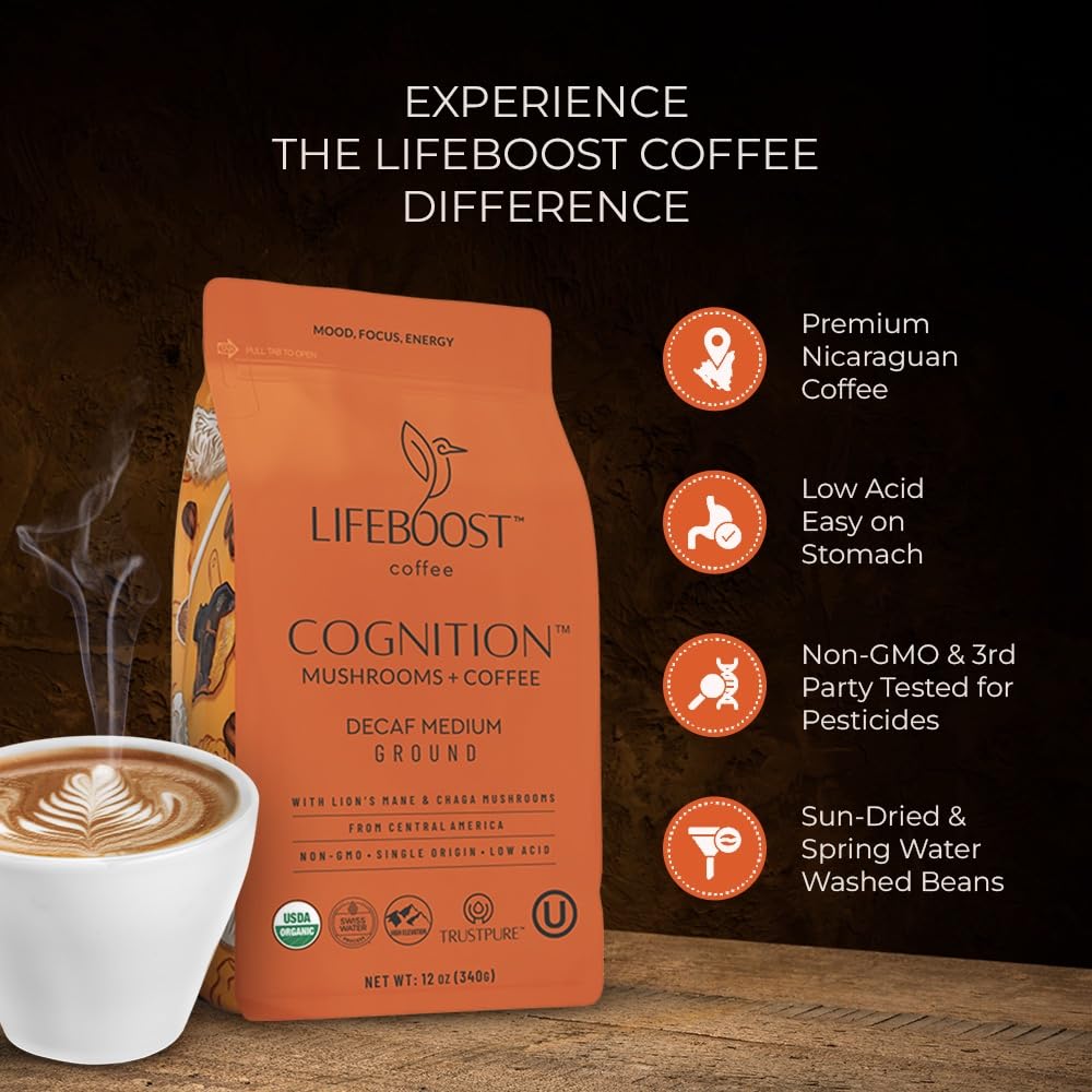 Lifeboost Cognition Decaf Mushroom Coffee - Low Acid Decaf Medium Organic Coffee with Lions Mane & Chaga Mushrooms - Increase Energy, Boost Focus & Immune Support - 12 oz Bag - Ground