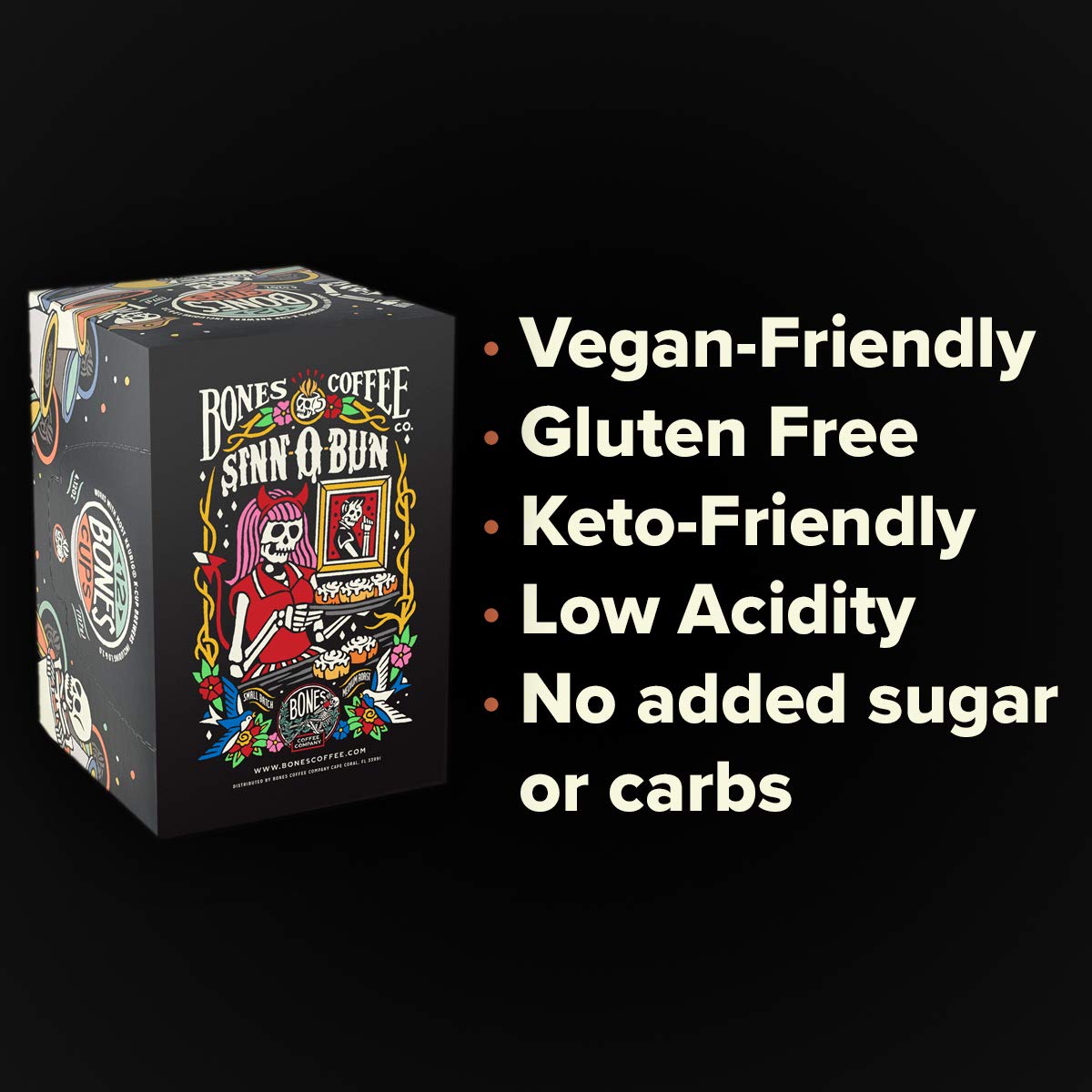 Bones Coffee Company Cinnamon Roll Flavored Coffee Pods, Low Acid Medium Roast Single-Serve Bones Cups, Compatible with 1.0 & 2.0 K-Cups Brewers Coffee Maker, 12 Count