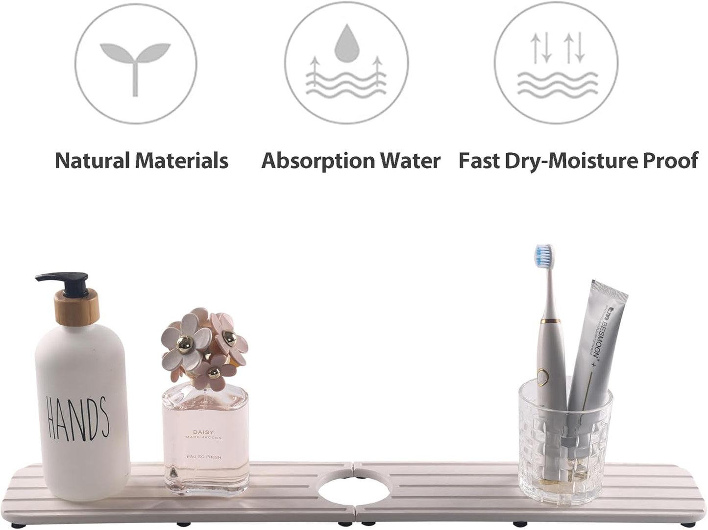 ZumenDa 23.6inch x 4inch Kitchen Sink Faucet Mat, Water Absorbing Stone Faucet Splash Guard for Bathroom Counter, Quick Drying Diatomite Tray for Kitchen Sink, White