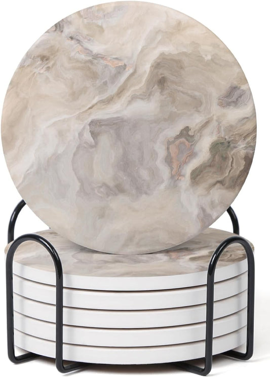 Set of 6 Abstract Marble Coasters with Holder, Absorbent Ceramic Coasters for Drinks, Coasters with Cork Backing for Table Protection, Housewarming Gifts for New Home