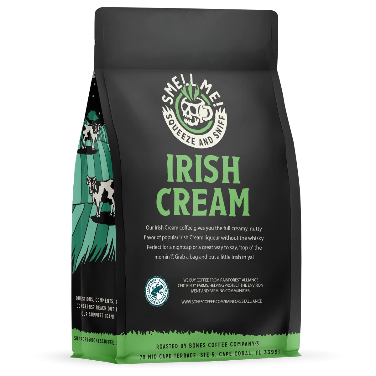 Bones Coffee Company Irish Cream, Creamy Liqueur Flavored Coffee, Medium Roast Low Acid Arabica Beans Compatible with Auto drip and French Press Coffee Maker, 12 Oz Whole Bean