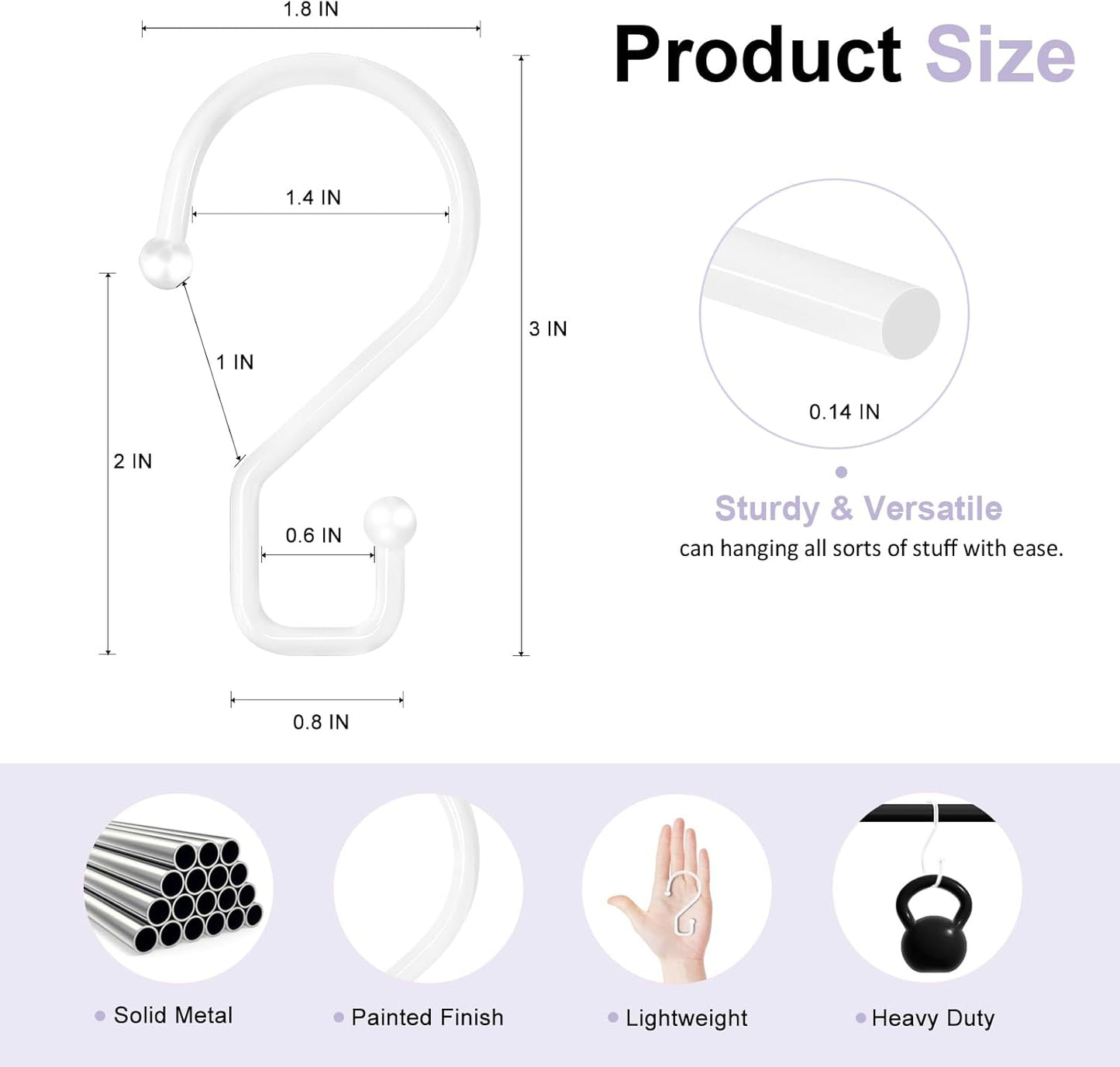 S Hooks, Small Metal S Hanging Hooks with 2 Shapes, Reversible, Heavy Duty, 3 Inch, White, 12 Pcs