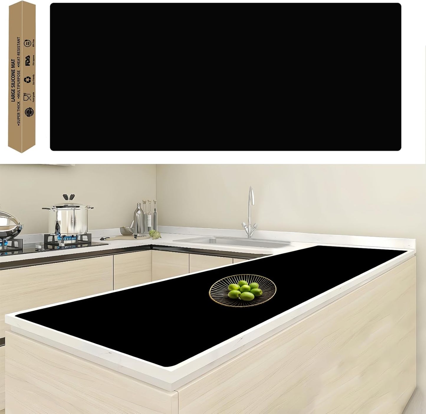 120"x24"(305cmx60cm) Large Silicone Kitchen Counter Mat, Heat Resistant Non-Slip Countertop Protector, Waterproof Multipurpose Mat for Kitchen Island, Black