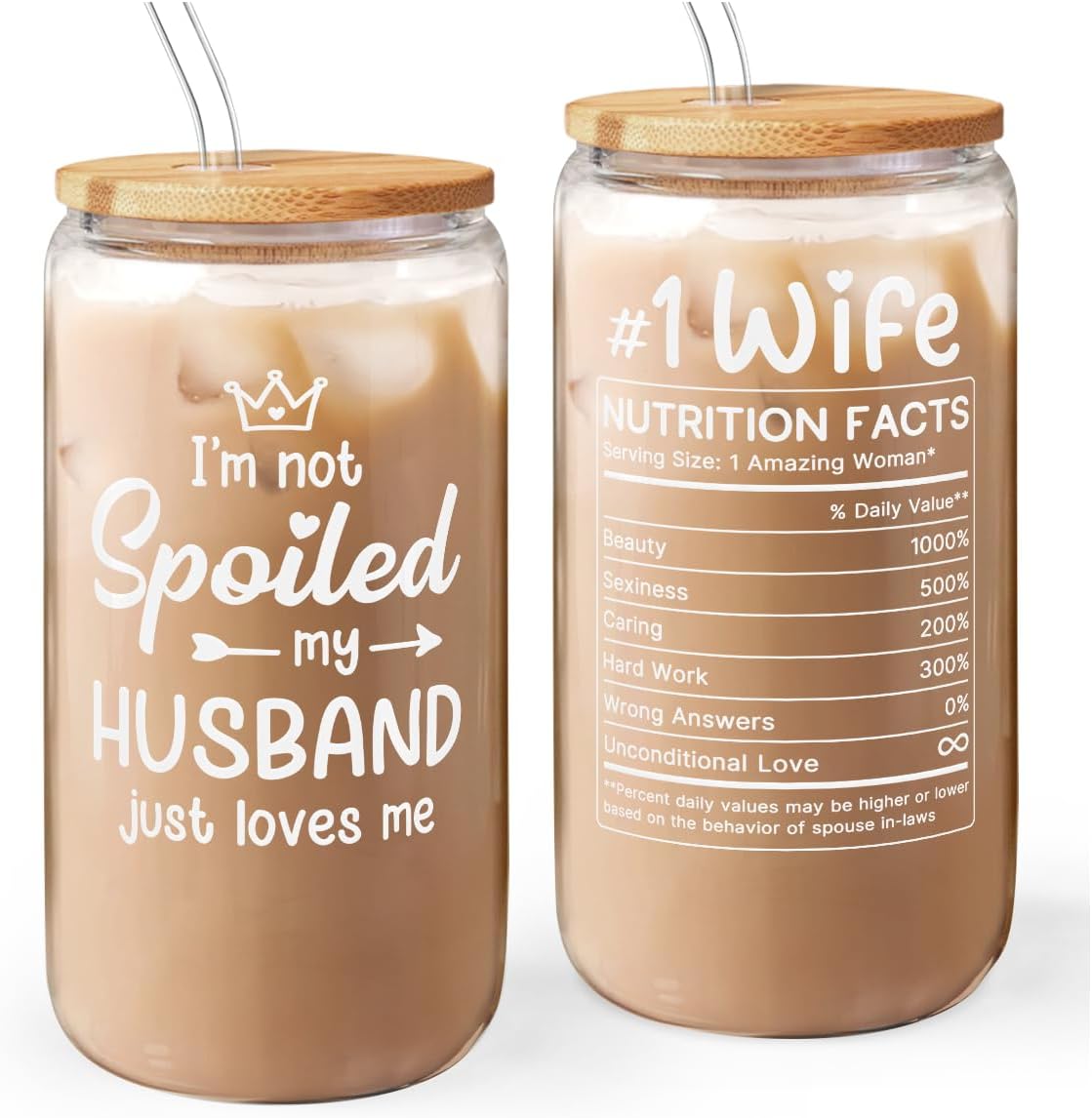 Wife 16 Oz Can Glass Tumbler with Bamboo Lid and Straw - Iced Coffee Cups for Women, Aesthetic Glass Cup Gift for Birthday Christmas Valentine's Day Mother's Day