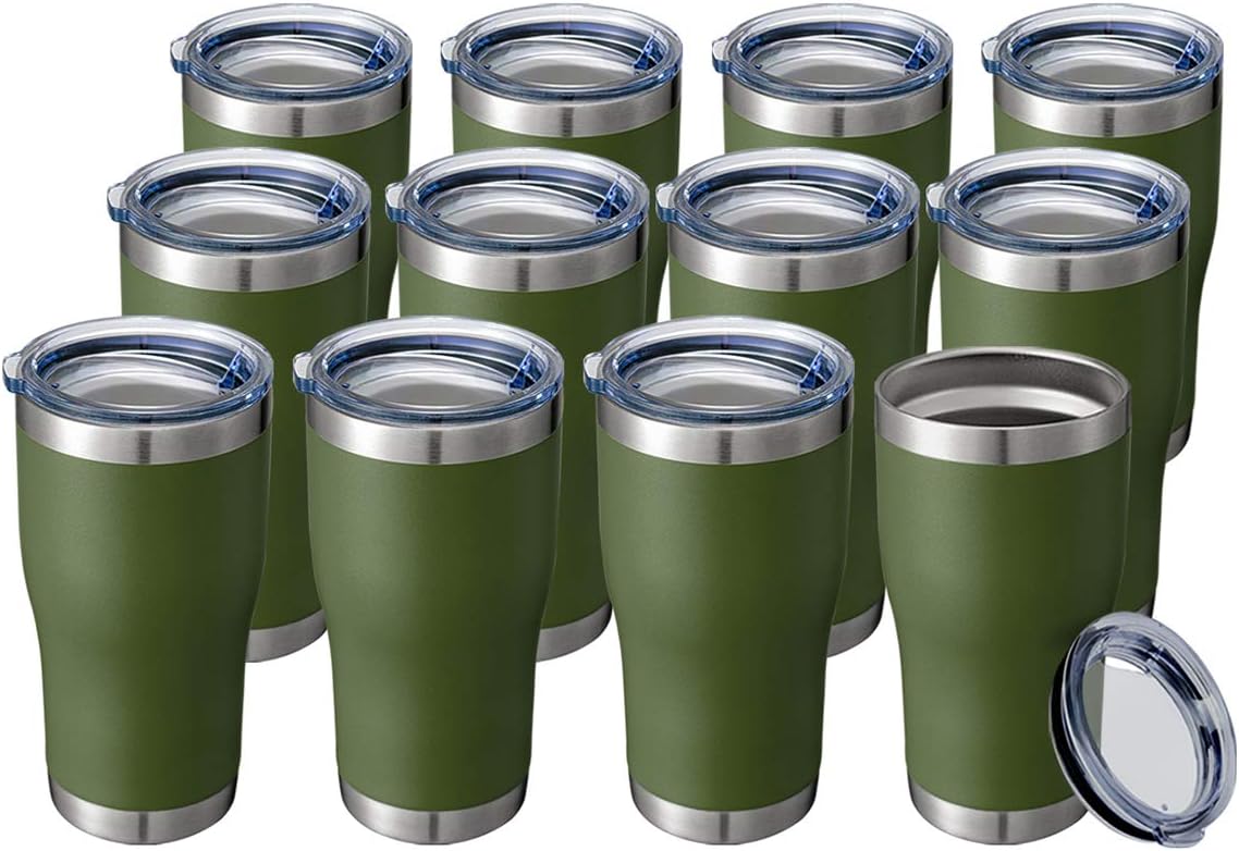 HASLE OUTFITTERS 20 oz Tumbler Bulk, Stainless Steel Tumblers with Lid, Vacuum Insulated Tumbler, Double Wall Powder Coated Cup, coffee mugs, Army Green, 12 Pack