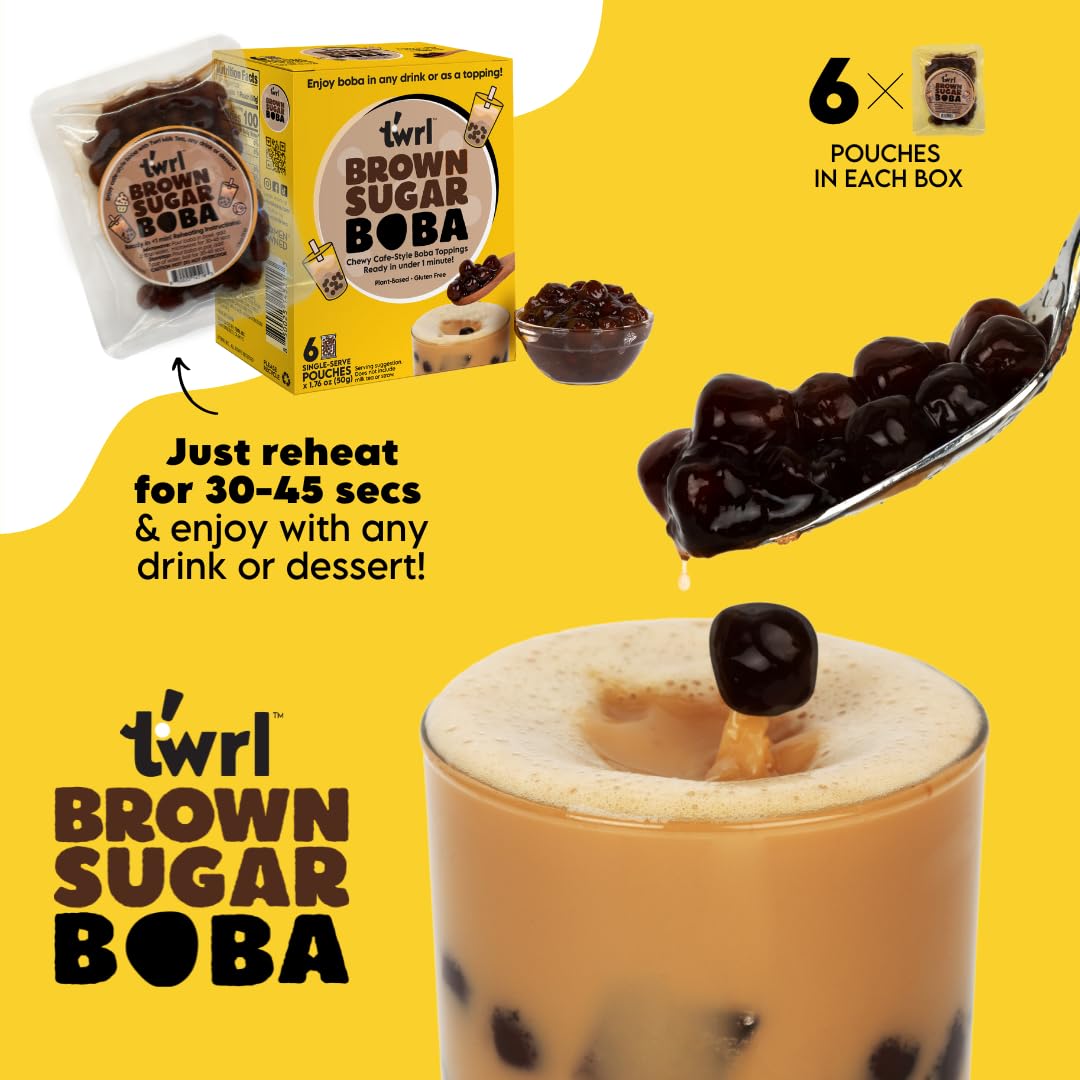 Twrl Brown Sugar Boba Bubble Tea Toppings - Taiwanese Boba Pearls, Cafe-Style Tapioca Milk Tea Topping, Instant - Perfect for Milk Tea and Coffee, Gluten-Free, Plant-Based - Pack of 6 Single Servings