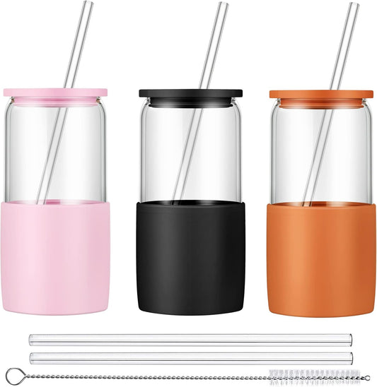 Sunseeke Glass Tumbler with Straw and Lid, 16oz Ice Coffee Cup, Silicone Sleeve Cleaning Brushes, Drinking Glasses for Water, Iced Coffee, Smoothie - BPA Free -3Pack