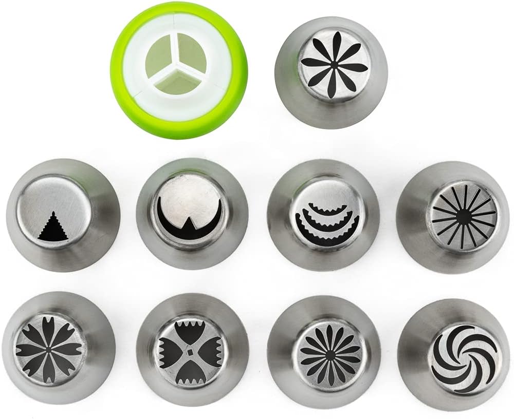 Restaurantware Pastry Tek Russian Piping Tips Set 20 Piece Durable Cake Decorating Kit - 9 Piping Tips 10 Piping Bags Stainless Steel Piping Bags And Tips Set 1 Tri-Color Coupler