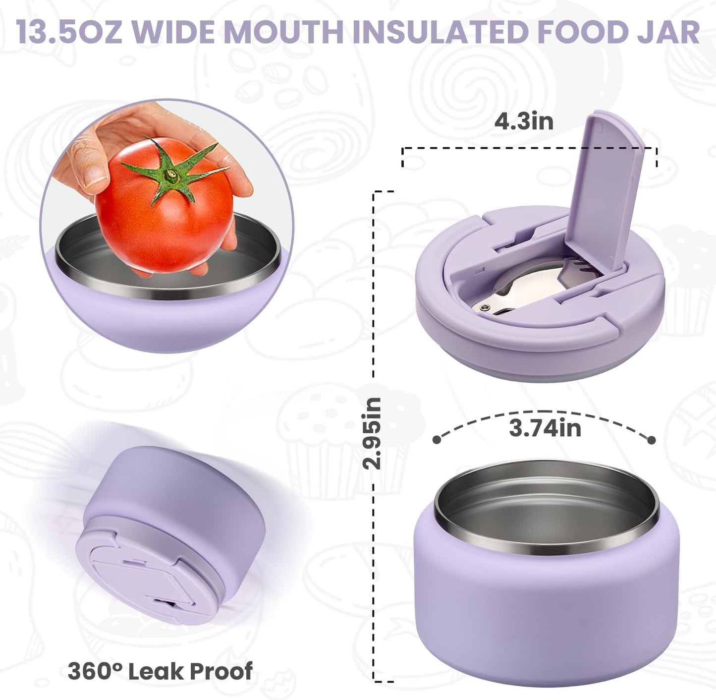 Soup Thermo for Hot Food Kids 13.5oz Lunch Containers with Buckle Lid Wide Mouth Hot Food Jar Vacuum Insulated Stainless Steel Bento Box Leakproof with Spoon(Purple)
