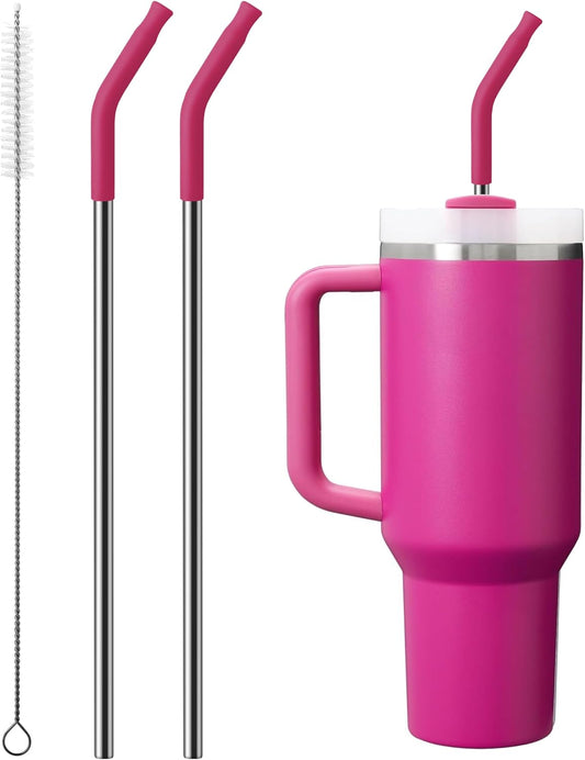 Repeatable Metal Straw with Silicone Tips for 30 oz Stanley Tumbler, 2 Pcs 30 oz Stainless Steel Straws Replacement for Stanley Tumbler, 1 Straw Brush, BPA Free（Fuchsia Red）