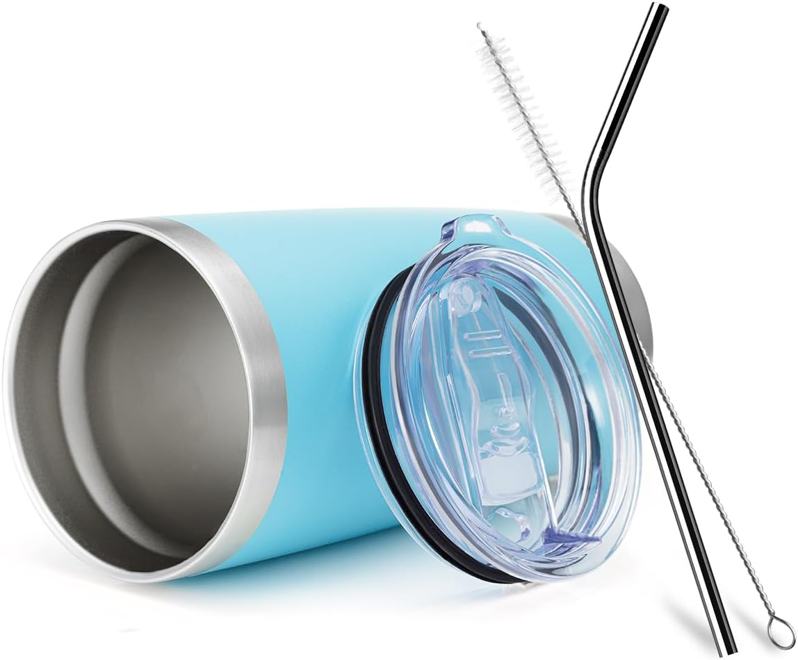 COMOOO 20oz Double Wall Vacuum Insulated Travel Mug, Stainless Steel Tumbler with Lid and Straw Durable Powder Coated Insulated Coffee Cup for Cold & Hot Drinks (Light Blue, 2 pack